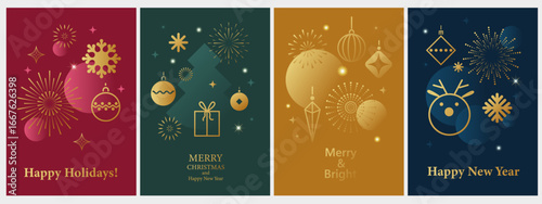 Christmas, New Year, Happy Holidays invitation, card design vector. Season's greetings. Christmas bauble, snowflake, stars, fireworks, tree with golden shiny gradient.
