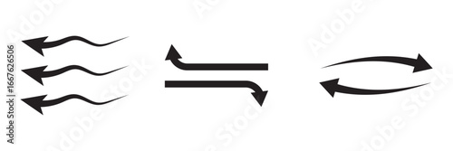 Set of vector arrows with Air flow and direction. Arrows in different styles showing movement, flow, rotation, and direction, useful for diagrams, presentations, and design projects.