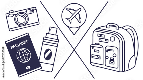 Travel essentials: passport, camera, travel-sized toiletries, and backpack; minimalist line art;  prepare for adventure, journey, vacation, getaway, trip planning concept.