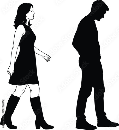 Silhouettes of walking woman, standing man, casual posture, dress and boots, pants and shoes, body language, black contour, motion, style