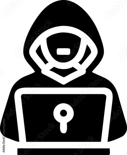 Stylized icon of a person in a hoodie using a laptop representing technology and cybersecurity