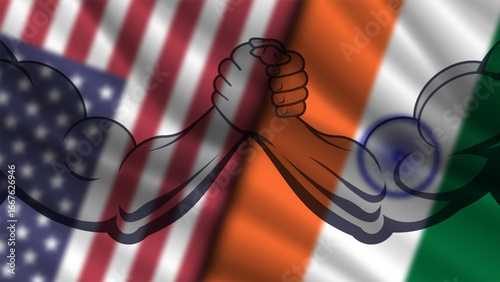 Vector blurred wavy national flags of United States of America and Republic of India. Tariff confrontation. Arm wrestling. Political economic banner