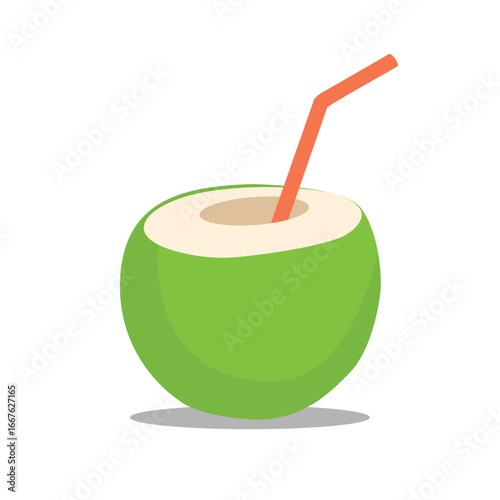 fresh young coconut vector with straw,beachside drink,isolated on white background,