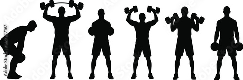 Silhouettes of weightlifting exercises, squatting pose, barbell lift, dumbbell training, strength workout, fitness routine, black contour, gym movement
