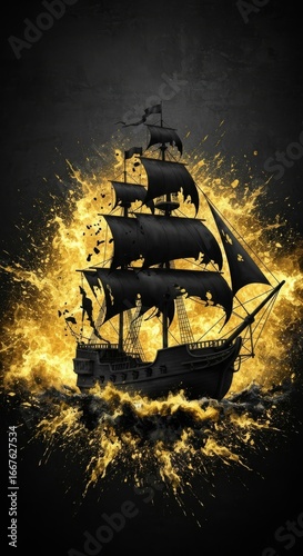Dramatic black pirate ship sails through explosive golden waves at night