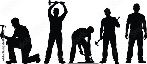 Silhouettes of workers using hammer, kneeling pose, raised arms, construction action, manual labor, black contour, tool usage, posture variation