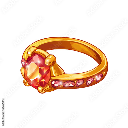 Shiny gold ring with gemstone in cartoon style. Decorative ruby ring with gold setting