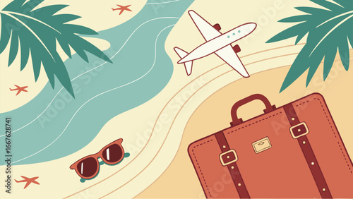 Tropical Vacation Travel: Airplane, Suitcase, Sunglasses on Beach; Flat Lay, Minimalist Style, Summer Holiday Mood.