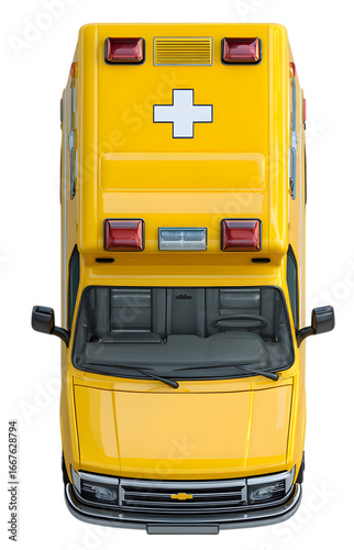 Yellow ambulance top view with emergency lights isolated on white isolated on transparent background
