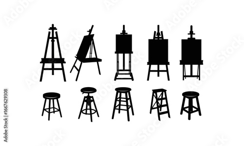 Collection of artistic easel silhouettes isolated on white background silhouette
