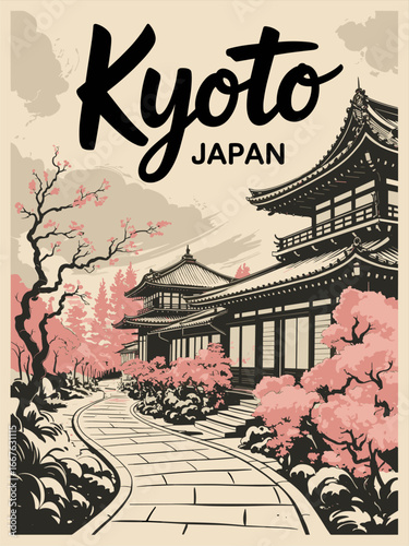 Vintage travel poster of Kyoto, Japan with wooden temples, curved rooftops, stone paths, gray sky, and pink cherry blossoms, evoking timeless cultural beauty and serene tradition