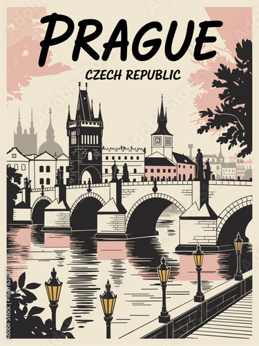Vintage travel poster of Prague, Czech Republic featuring Charles Bridge, Gothic towers, spired rooftops, and golden lantern accents, evoking historic charm and European nostalgia