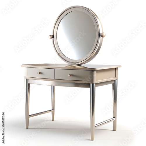Sleek silver vanity table with round mirror desk