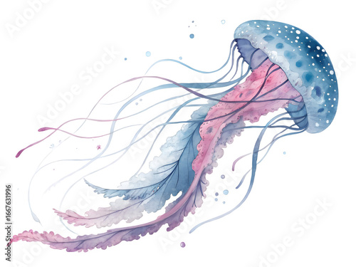 Beautiful watercolor jellyfish with flowing tentacles on a black background