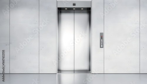 Blank silver closed elevator in office floor interior mock up, front view, 3d rendering. Empty lift with buttons near concrete wall mockup. Concept of business center or hotel lifting template