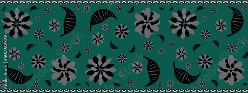 Luxurious carpet runner with emerald green background and black floral ornament. Ideal for elegant packaging, web banners, and textile decoration. Horizontal. EPS10. 