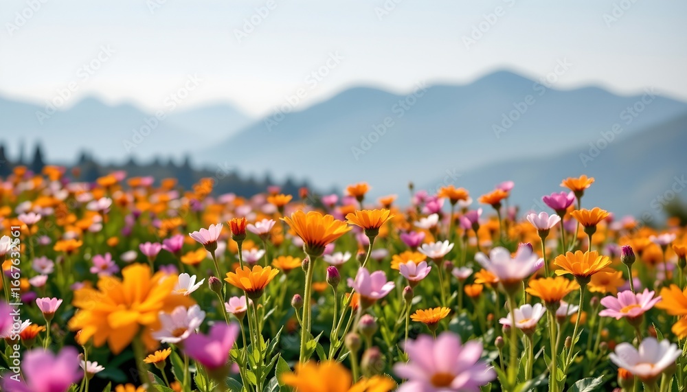 Fototapeta premium Serene Blooming Field with Mountain View