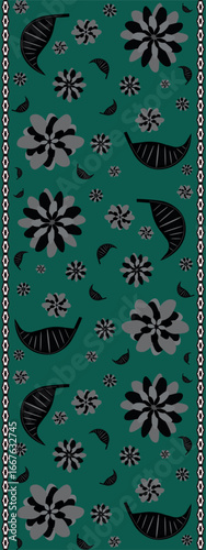 Luxurious carpet runner with emerald green background and black floral ornament. Ideal for elegant packaging, web banners, and textile decoration. Vertical. EPS10. 