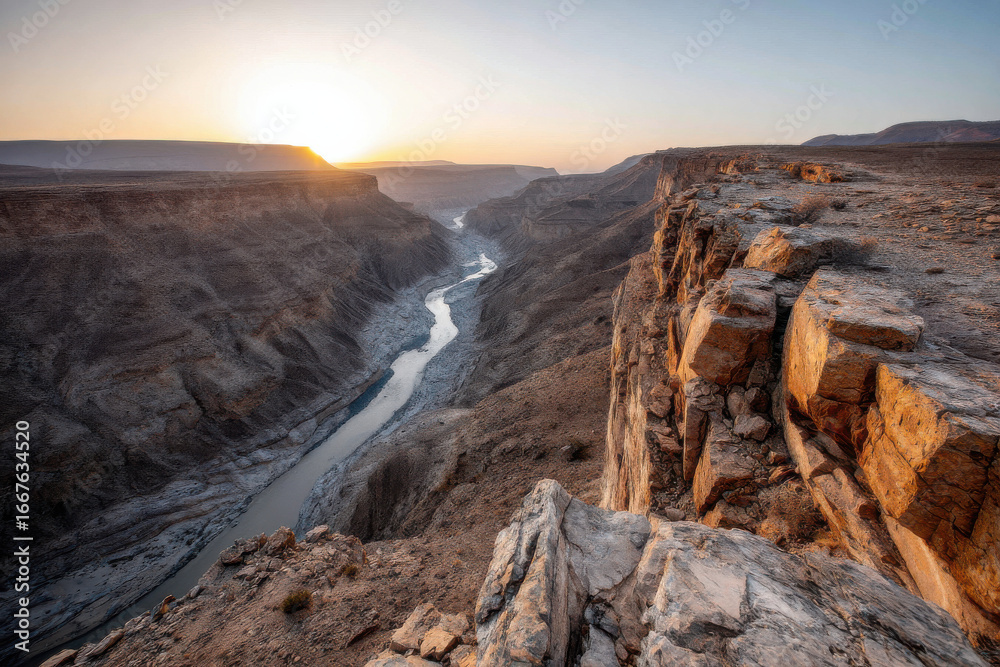 Obraz premium Drone shot of winding desert canyon at sunset
