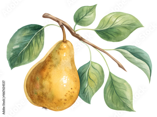 Ripe yellow pear hanging on a branch with green leaves