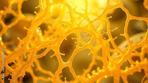 Golden collagen fibers intertwine in microscopic view, refracting light through their intricate living architecture.