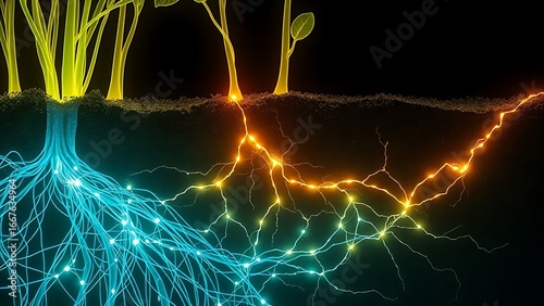 An X-ray view of plant roots unveiling a hidden glowing network weaving through the soil.