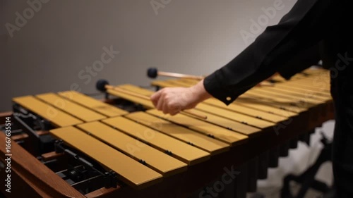 Musician hands close up percussionist playing vibraphone marimba xylophone POV view lens blur