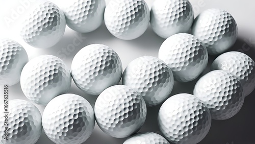 Neatly arranged golf balls on white surface, clean reflections and product-style presentation.