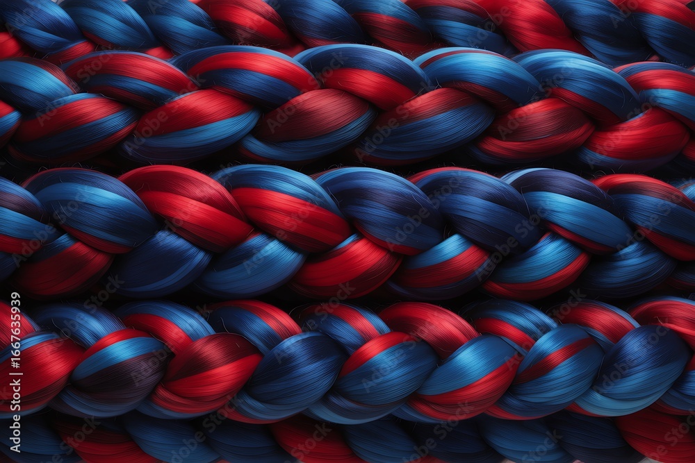 Fototapeta premium Abstract textured background with red blue and teal braided strands in close-up macro detail