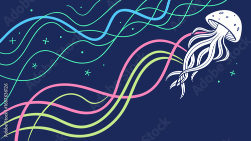 White jellyfish with long tentacles floating in a dark blue space with colorful wavy lines around it