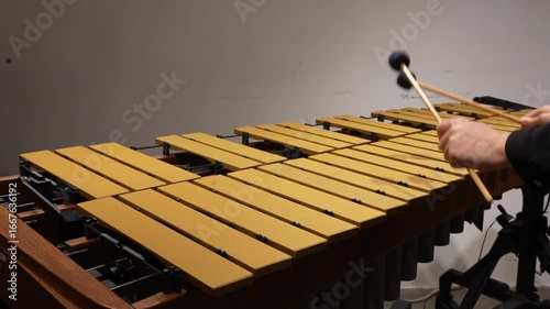 Musician hands close up percussionist playing vibraphone marimba xylophone POV view