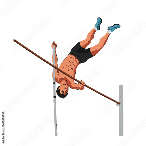 A pole vaulter, viewed from an upward perspective, successfully clears the bar in a clean 2D flat vector illustration, isolated on a pristine white background.