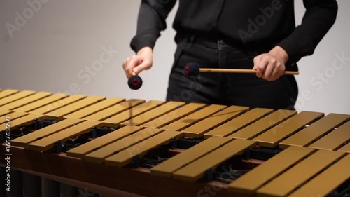 Musician hands close up percussionist playing vibraphone marimba concert front view