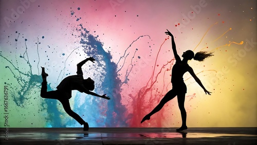 Happy youth jumping in silhouette against the sun, a vector illustration of a dancing couple