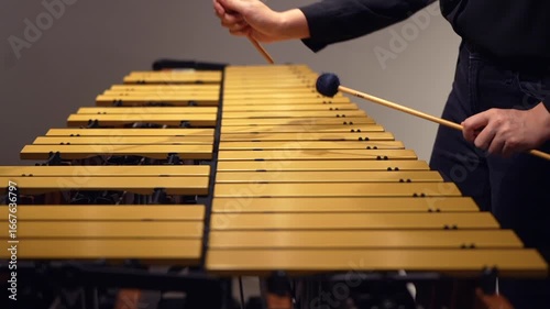 Musician hands close up percussionist playing vibraphone marimba concert side view