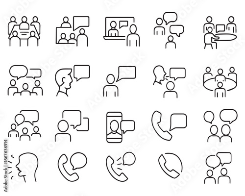 Set of outline icons related conversation, chat, talking, speaking. Linear icon collection