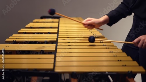 Musician hands close up percussionist playing vibraphone marimba concert side view