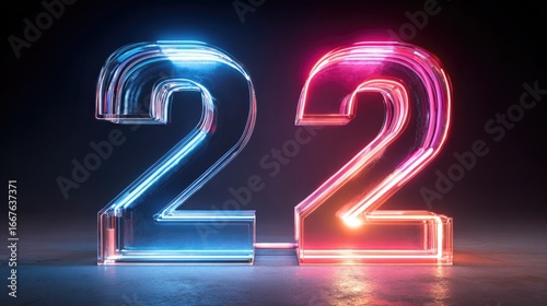 Glowing neon number twenty-two on dark background