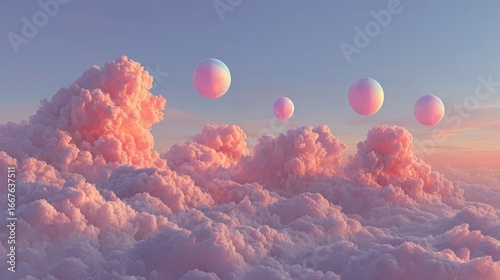 Pastel cloudscape with iridescent spheres floating above