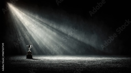 A trophy sits alone, dramatically lit in a dark room, beams of light illuminating it