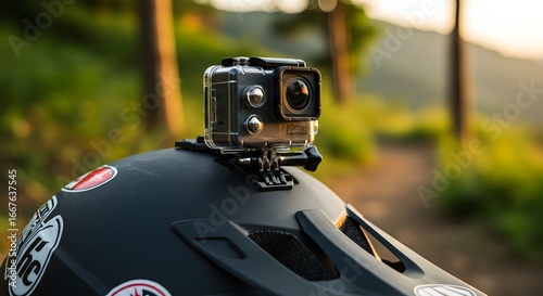 Action camera mounted on a helmet outdoors
