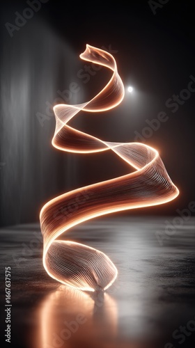 Glowing, swirling ribbon of light on dark reflective surface