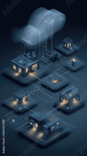 Isometric illustration of interconnected buildings linked to a cloud server