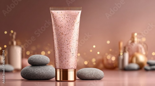 Rose gold tube of scrub sits on stones, bokeh background
