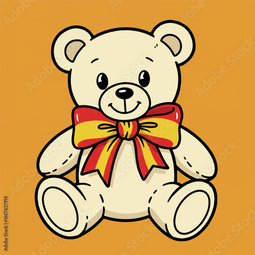 A charming vintage teddy bear, adorned with a vibrant Brazilian flag ribbon bow, is depicted in a delightful retro cartoon vector illustration, exuding nostalgic cuteness.