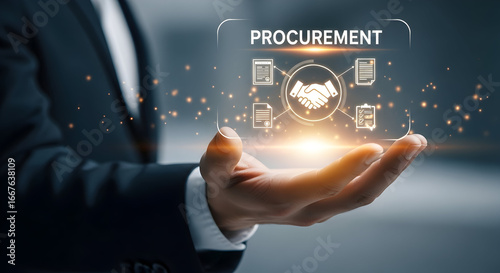 Strategic procurement partnership driving business growth with digital handshake and contract icons