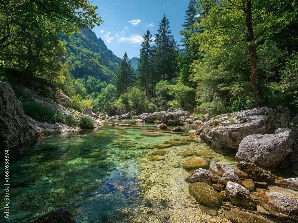 A peaceful stream flows through lush green mountains under a bright blue sky inviting tranquility and connection with nature A peaceful stream flows through lush green mountains under a bright blue sky inviting tranquility and connection with nature
