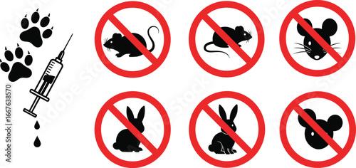 Anti animal testing, syringe, paw prints, prohibition signs, rat, mouse, rabbit, cruelty free, protest, ethical, lab ban, silhouette, red circle, drop, cartoon mouse, icon, symbol, awareness