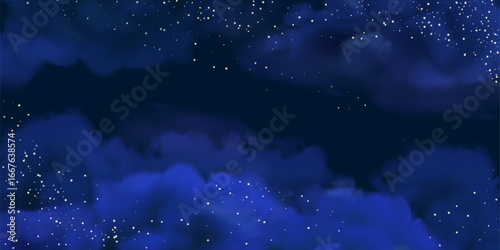Night sky with stars vector background. Realistic dark blue clouds and shining golden glitter. Luxury background