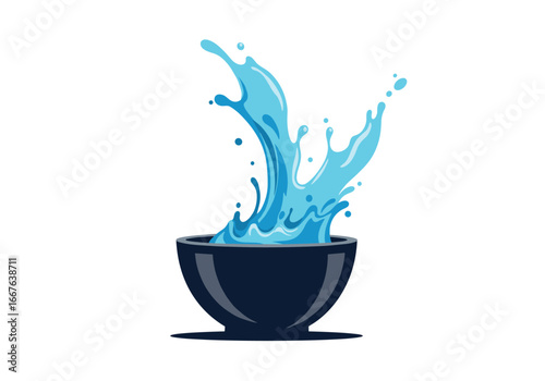Dynamic blue water splash erupting from a dark bowl creative design element